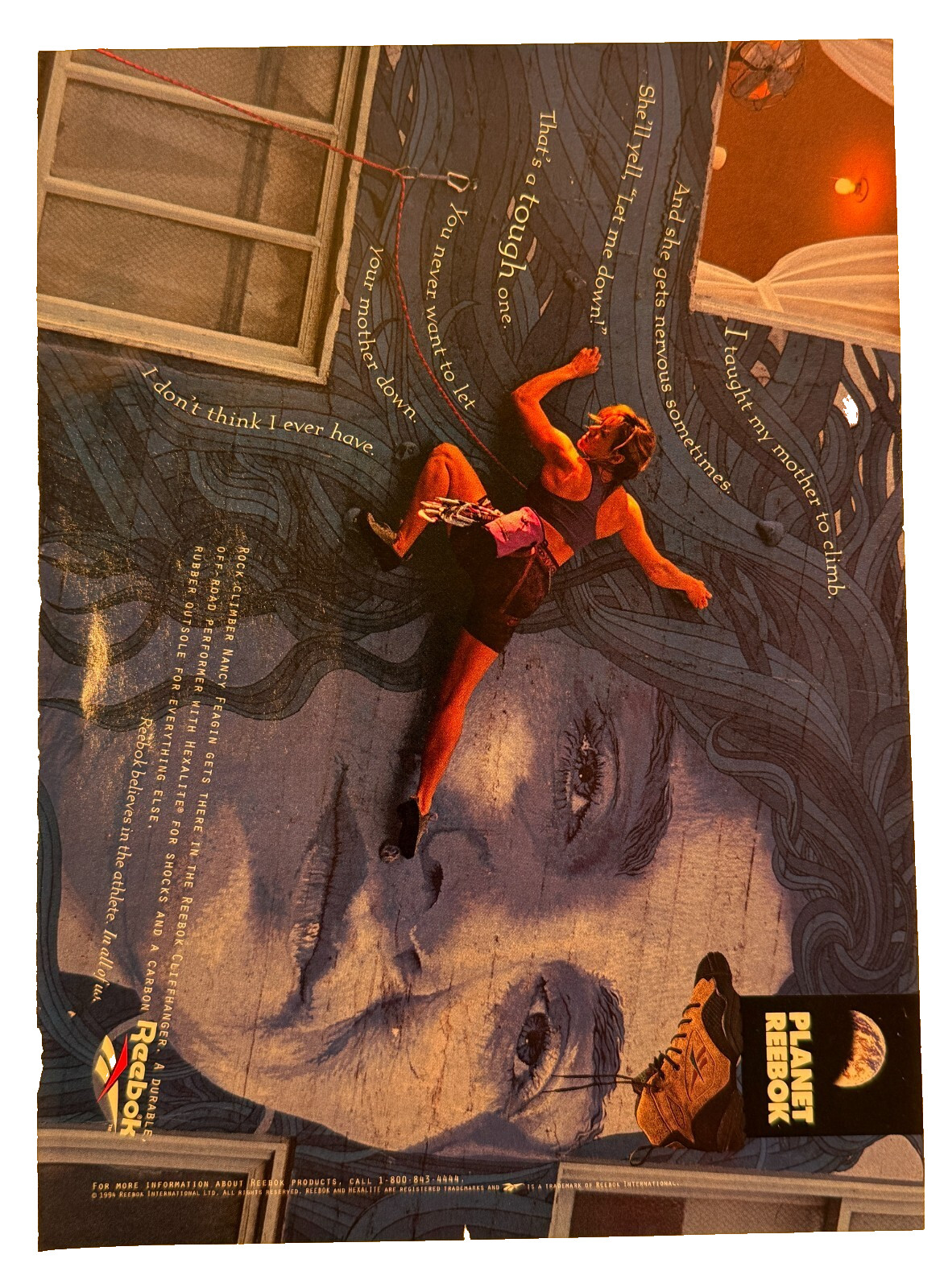 Vintage 1994 Planet Reebok Rock Climber Nancy Feagin Advertisement Print Ad