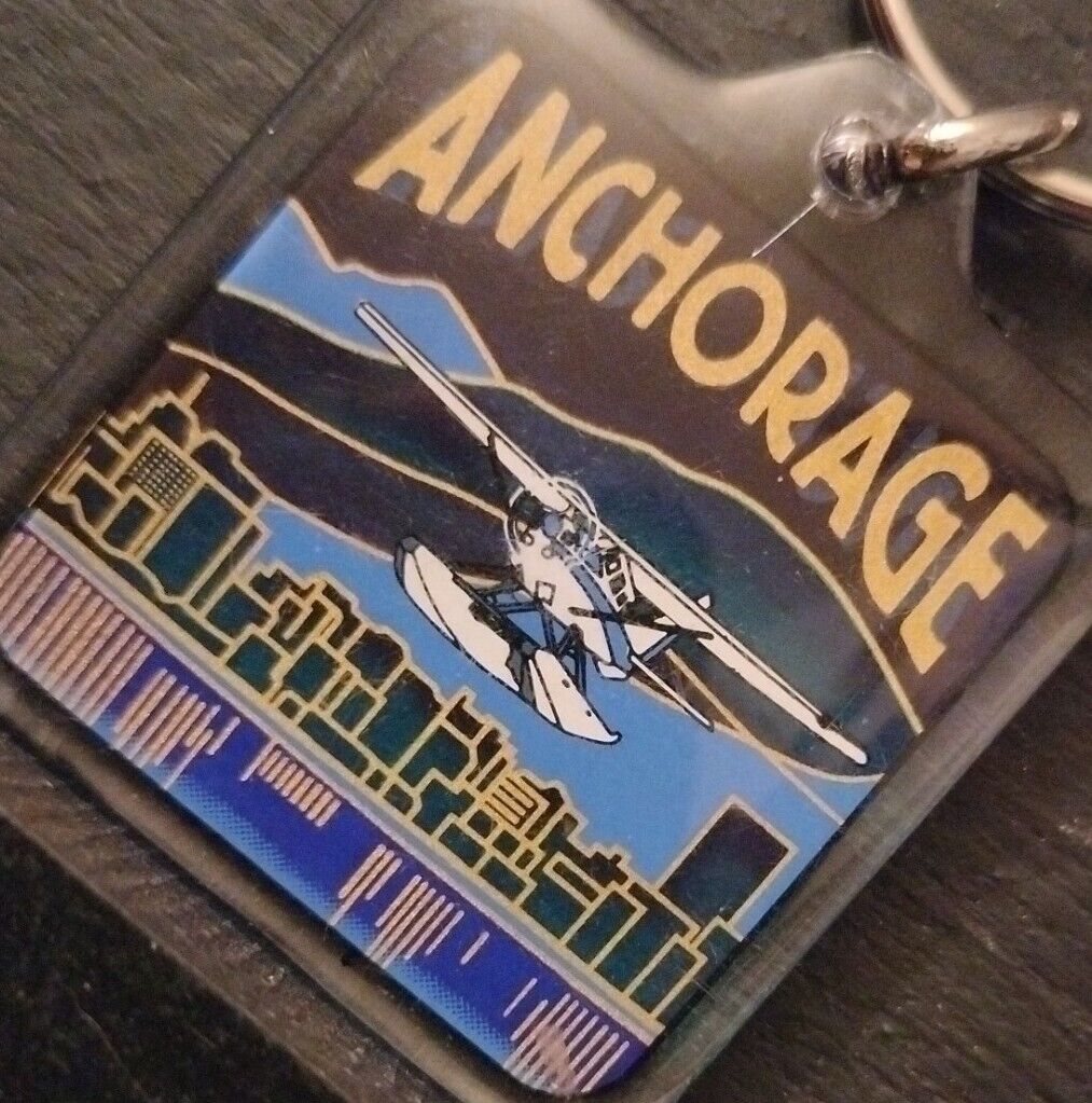 Vintage Anchorage Alaska Souvenir Keychain Sea Plane Skyline Mountains