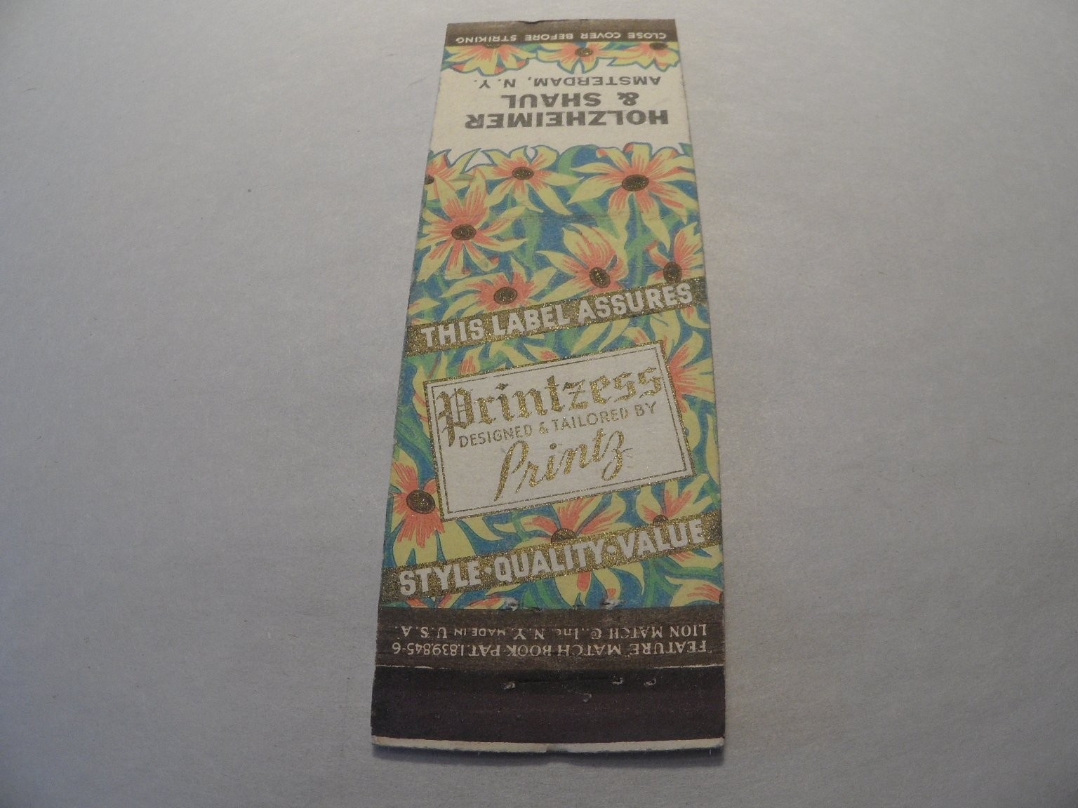 Holzheimer & Shaul Amsterdam NY Vintage Floral Design Matchbook