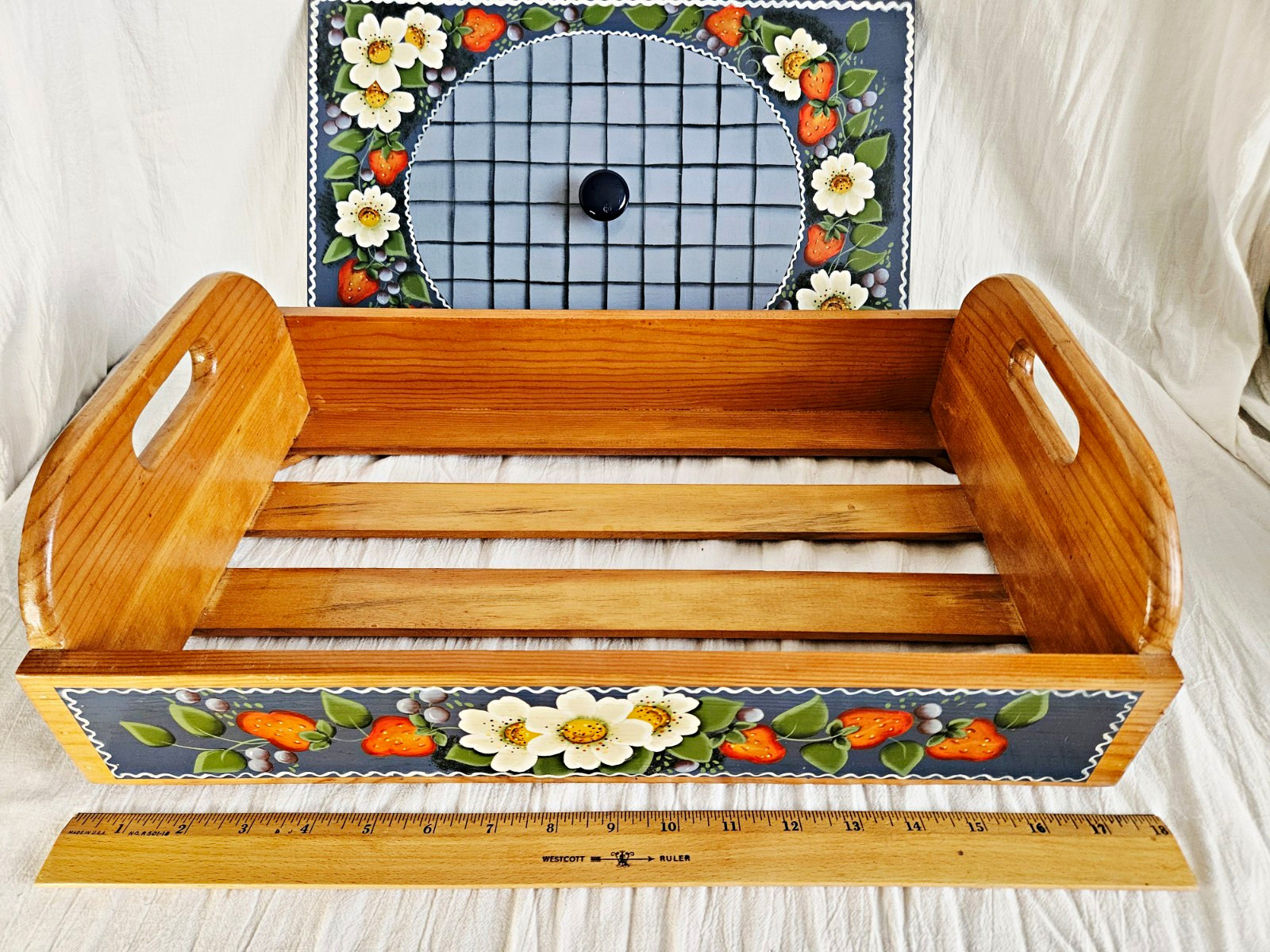 VTG Wood Bakery Box Tray Hand Painted Floral Strawberries 16x8 Pie Safe Cupcakes
