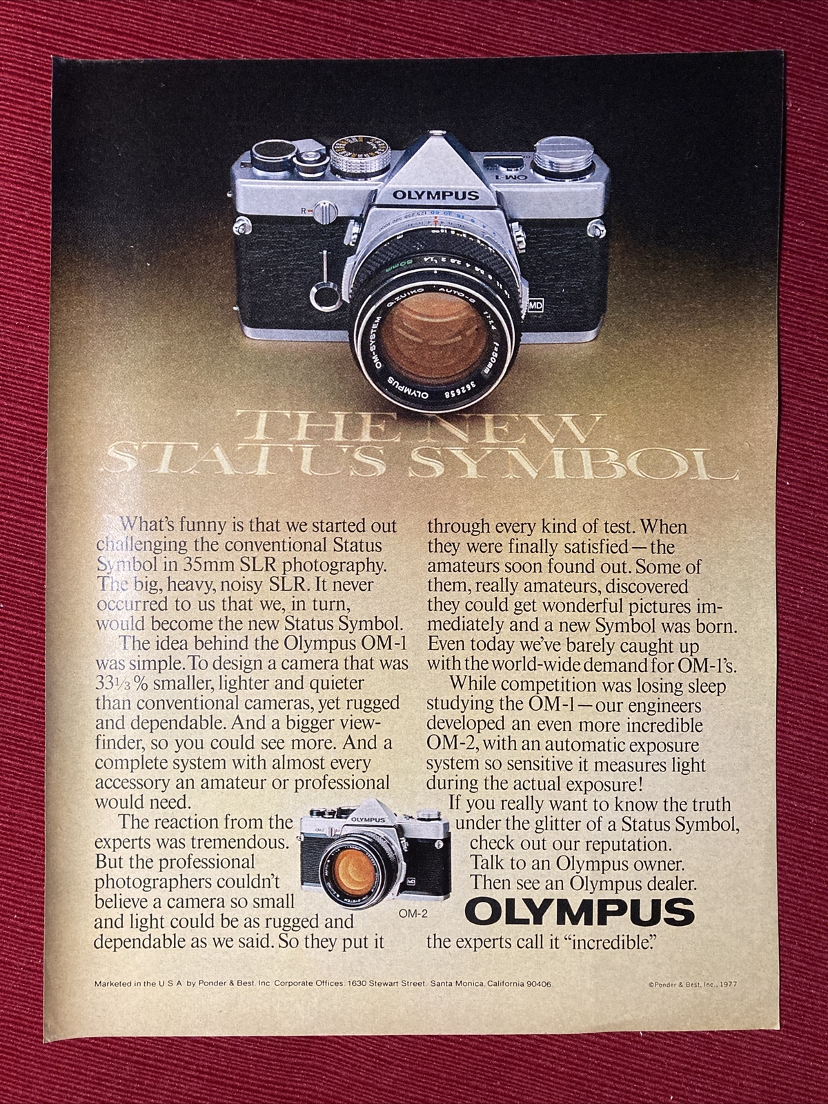 Olympus OM-1 Camera “The New Status Symbol” 1977 Print Ad - Great to Frame