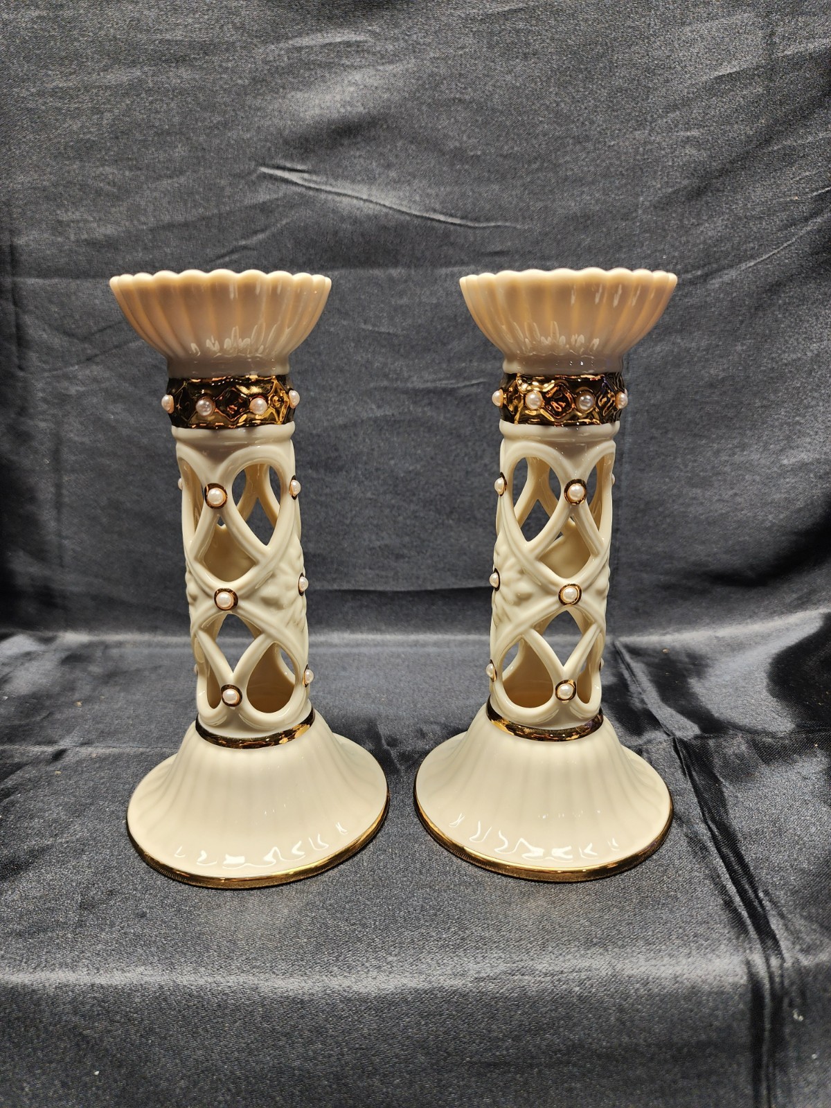 VINTAGE LENOX ILLUMINATION FLORENTINE AND PEARL CANDLE STICK HOLDERS - SET OF 2 