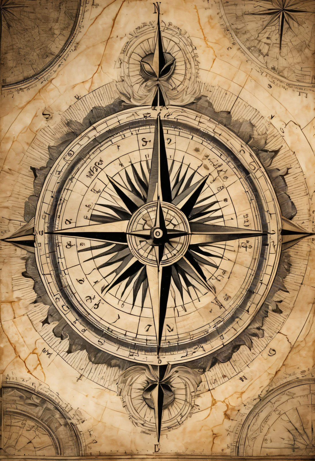 Ornate Antique Compass Rose - Aged Parchment Nautical Wall Art Print