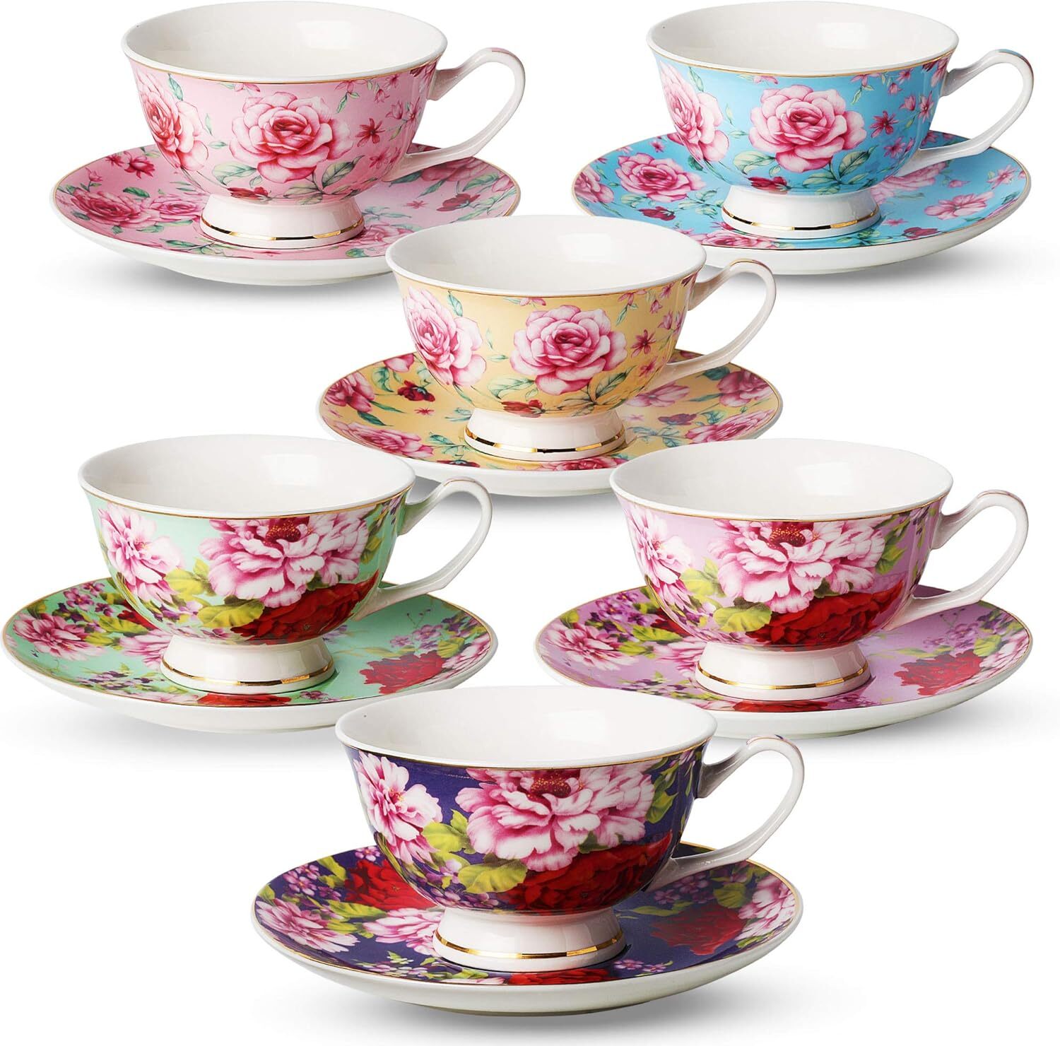 Cups and Saucers Set of 6, Floral (8oz) Porcelain Cups for Tea Party, Rose