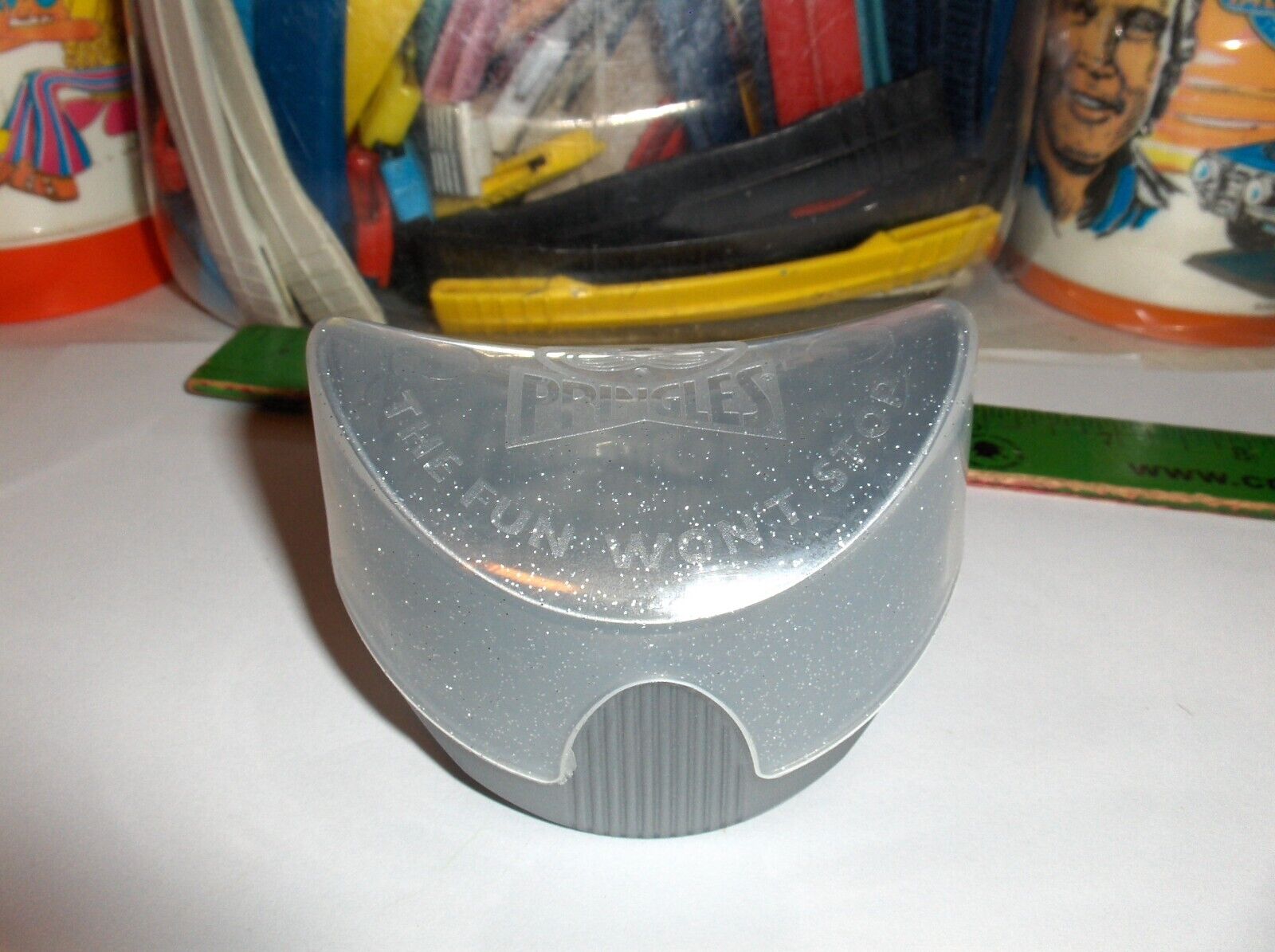 Vintage CLEAR/GRAY Pringles Chip Container-Once You Pop-The Fun Won\'t Stop-NEW