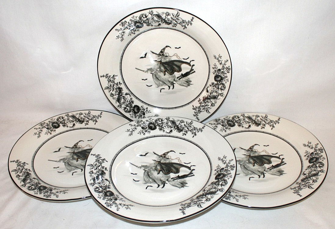 Potter's Studio Halloween Witch on Broom 10.5 Dinner Plates Set of Four New