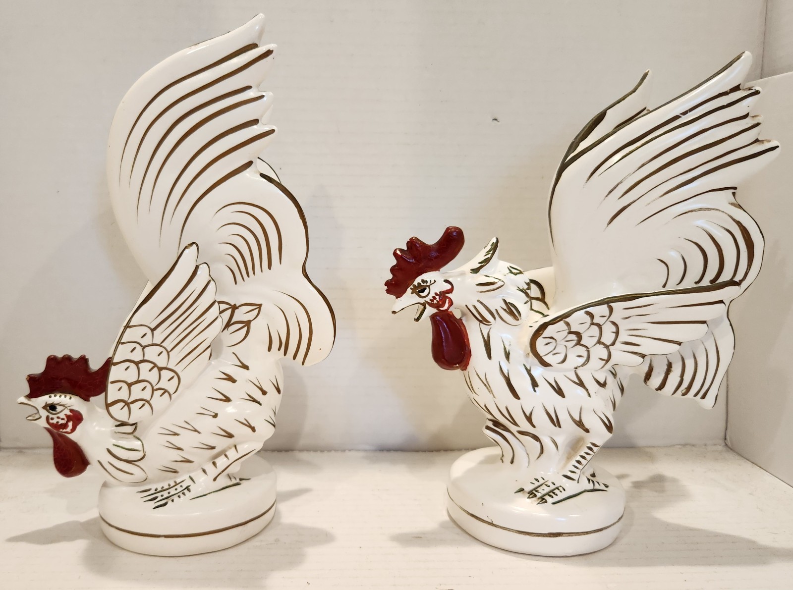 Lot of 2 Vintage Lefton Fighting Rooster Cock Ceramic White Gold Japan 796