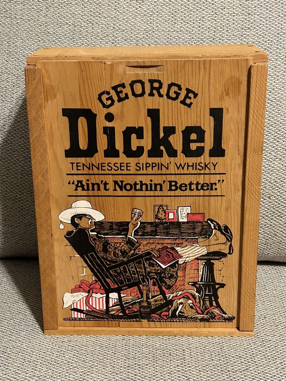 RARE George Dickel Tennessee Whiskey Empty Wood Sliding Lid Box Man Dog Barware