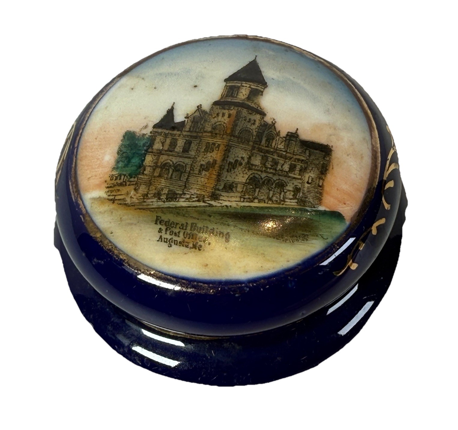 AUGUSTA MAINE ME Antique POST OFFICE Souvenir COBALT  DRESDEN Trinket Box