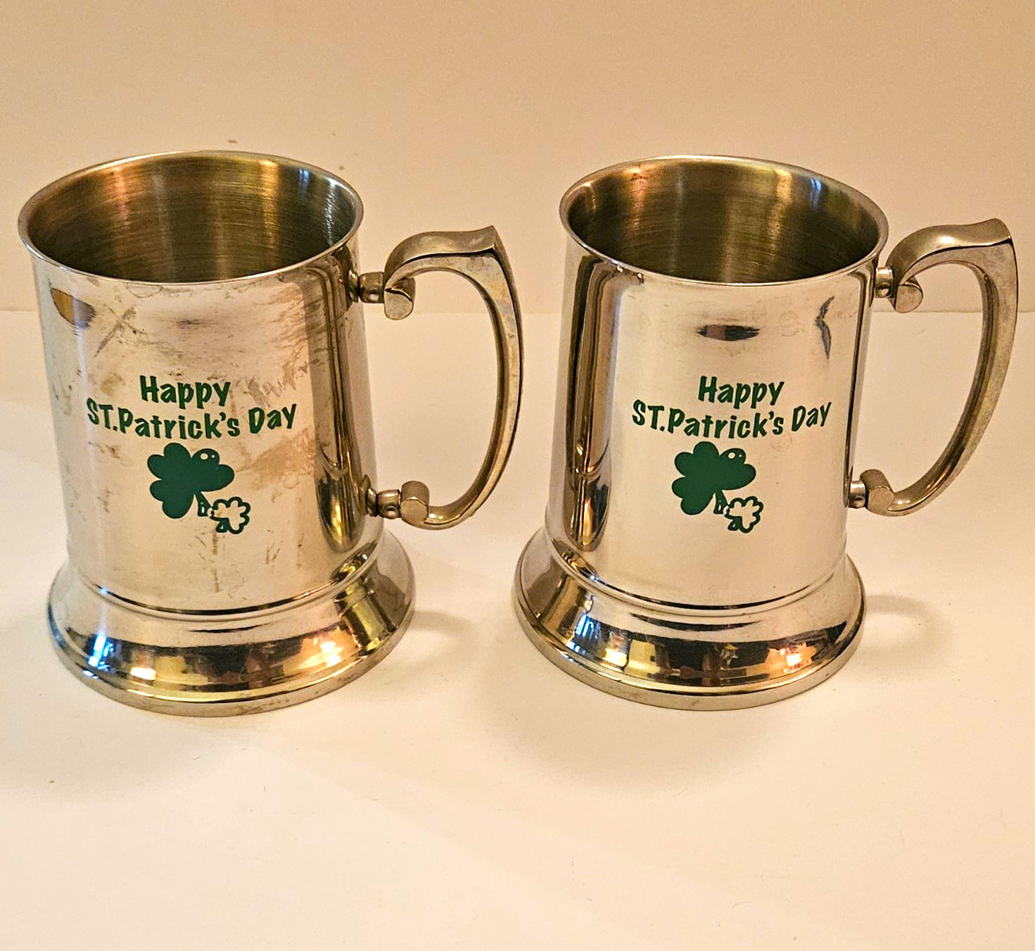 Set of 2 St. Patrick\'s Day Beer Mugs - 18/8 Stainless Steel - Shamrock Printed