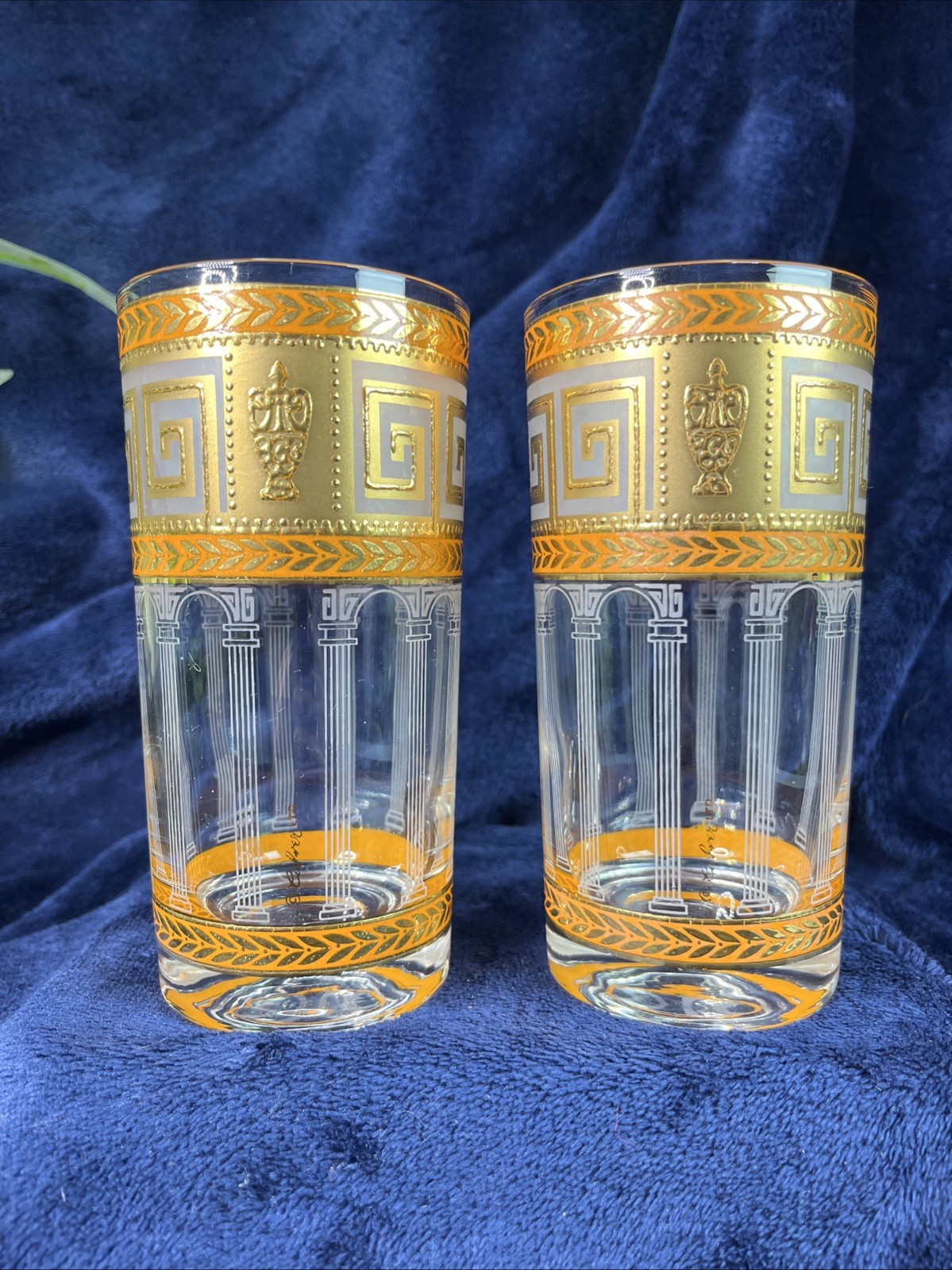 MCM Culver Orange Greek Keys 22k Gold Highball Glasses Set of 2 Rare