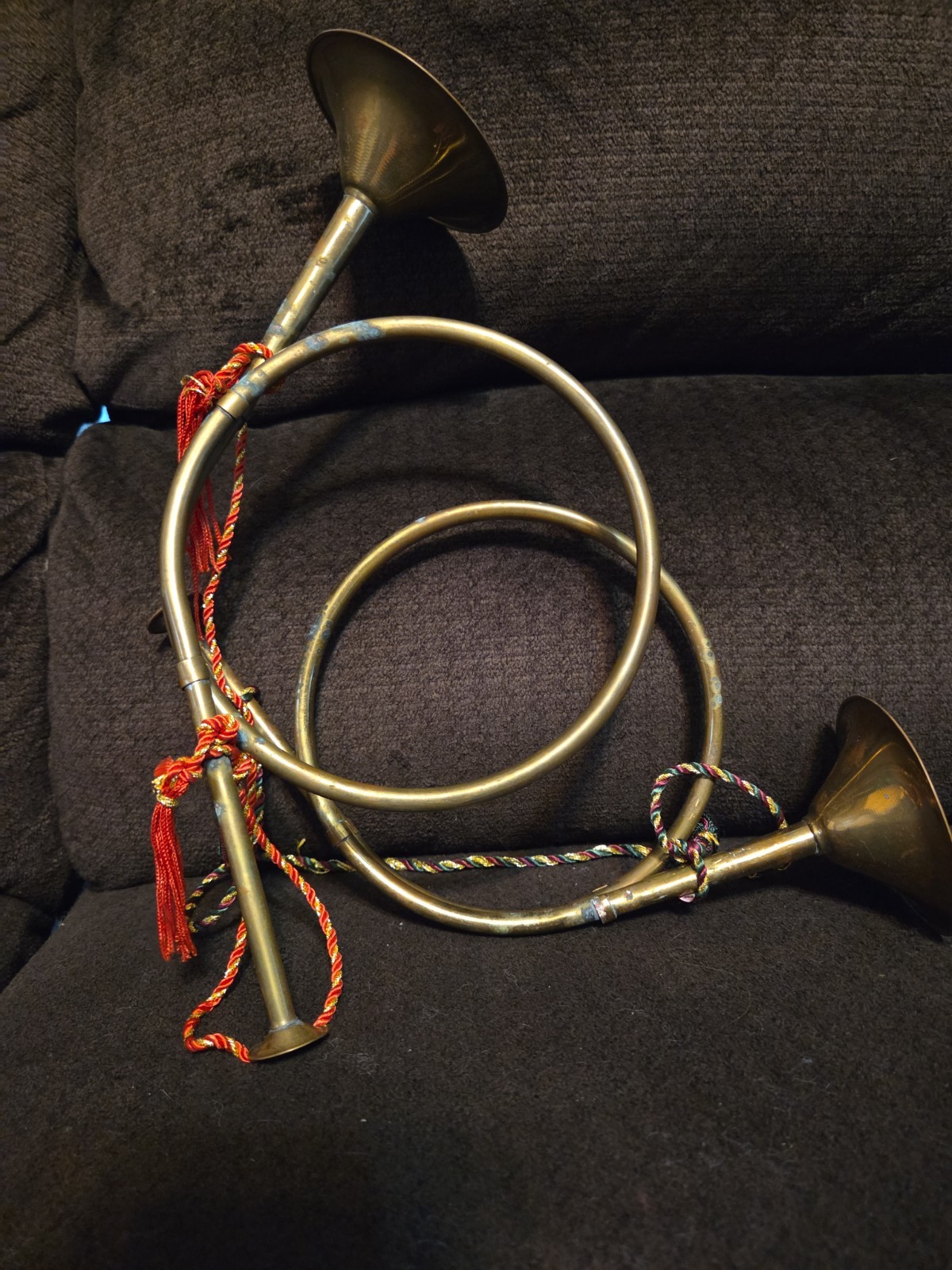 2 Vintage Brass French Hunting Horn Wall Decor Large Great Christmas Decor