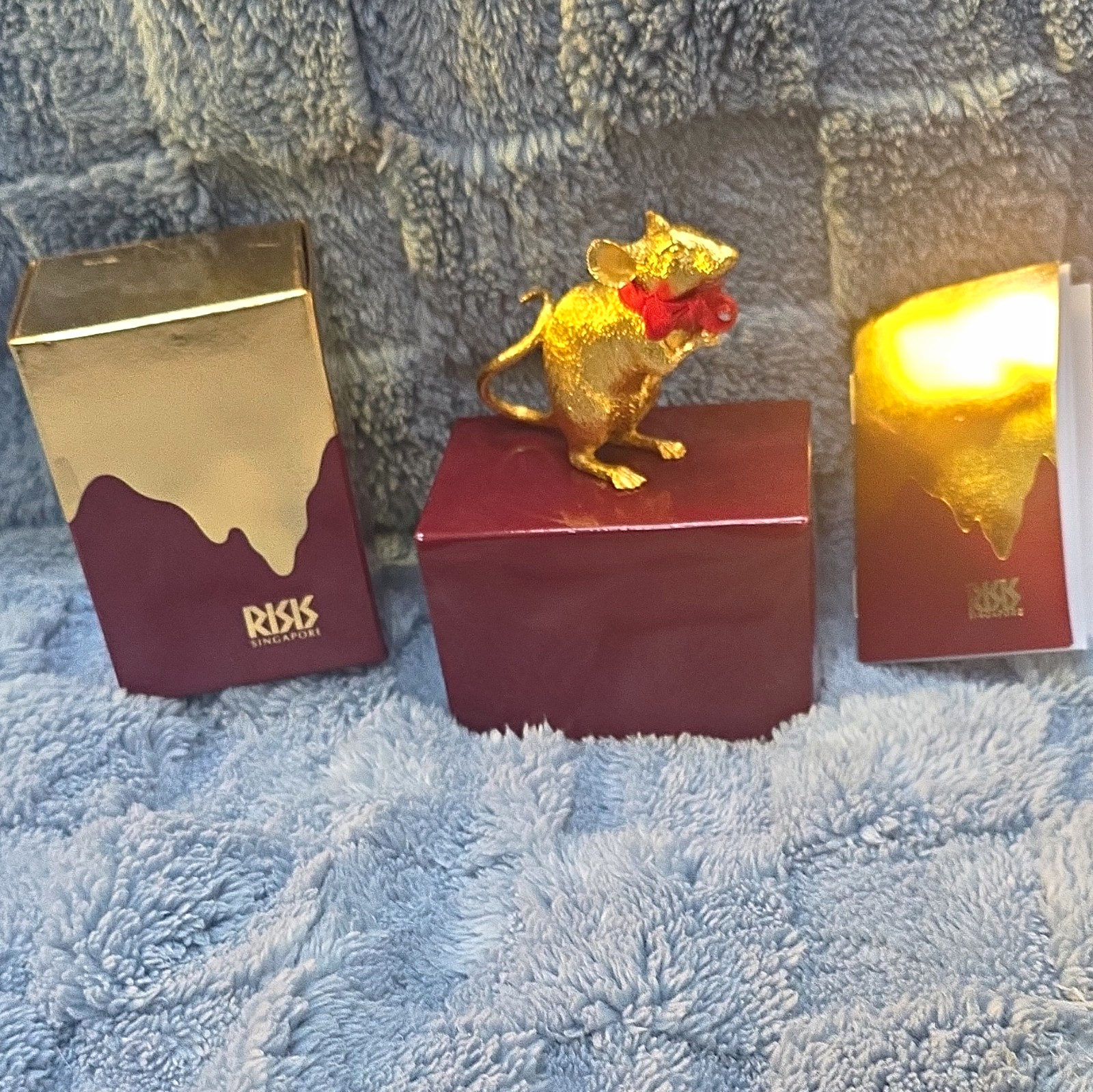 Risis Golden Rat Gold-Plated Rat Figurine w/ Red Ribbon, Boxed,  24k gold plated