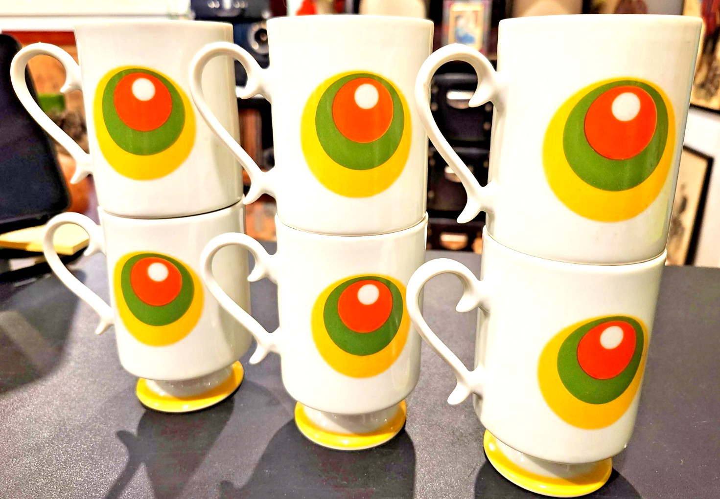 Vintage Mod MCM Stackable Coffee Mugs Set of 6 Japan Geometric Orange Green NOS