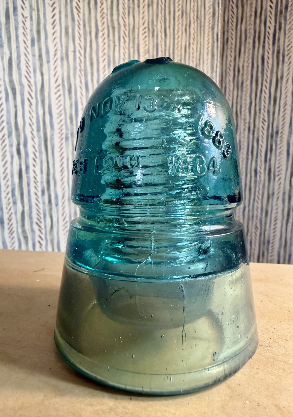 Vintage Aqua Blue Green Glass Insulator Dated Feb 12 1884 No Chips