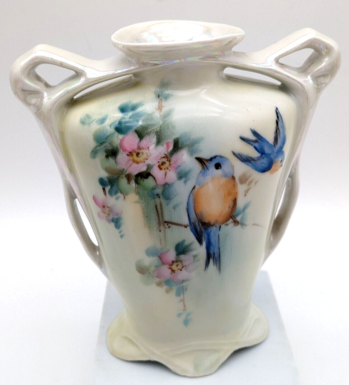 Vintage Lusterware Porcelain Hand Painted Urn Vase Birds & Flowers