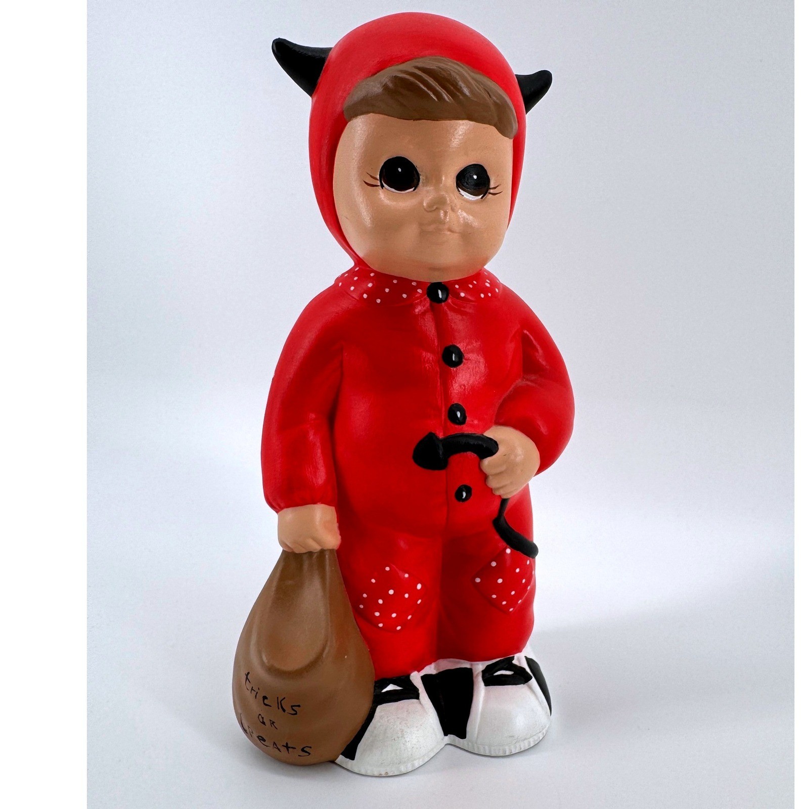 Brenda Signed Ceramic Devil Boy Halloween Figurine Red Small Trick or Treat Bag
