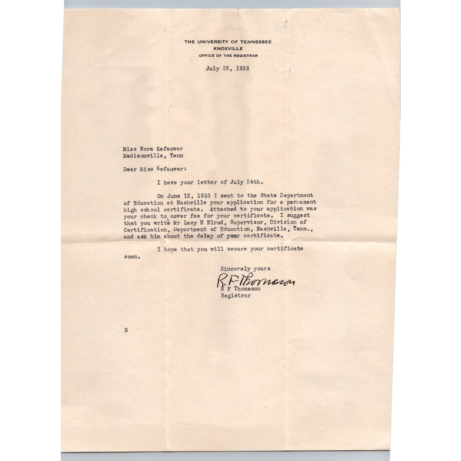 1933 University of Tennessee Knoxville Registrar Letter Ephemera Letterhead