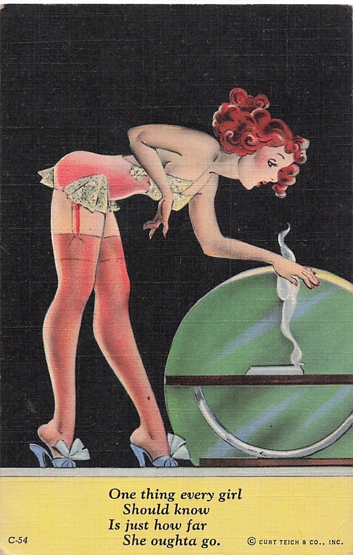 Postcard Just how far she oughta go Lingerie Redhead Risqué message on back 1944