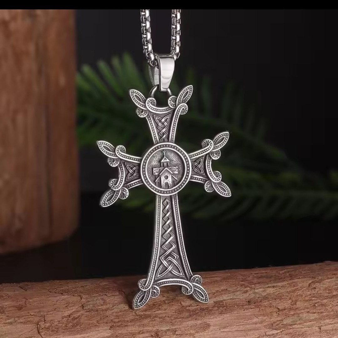 Silver Plated Necklace Armenian Cross & Chain Celtic Gothic Crusifix