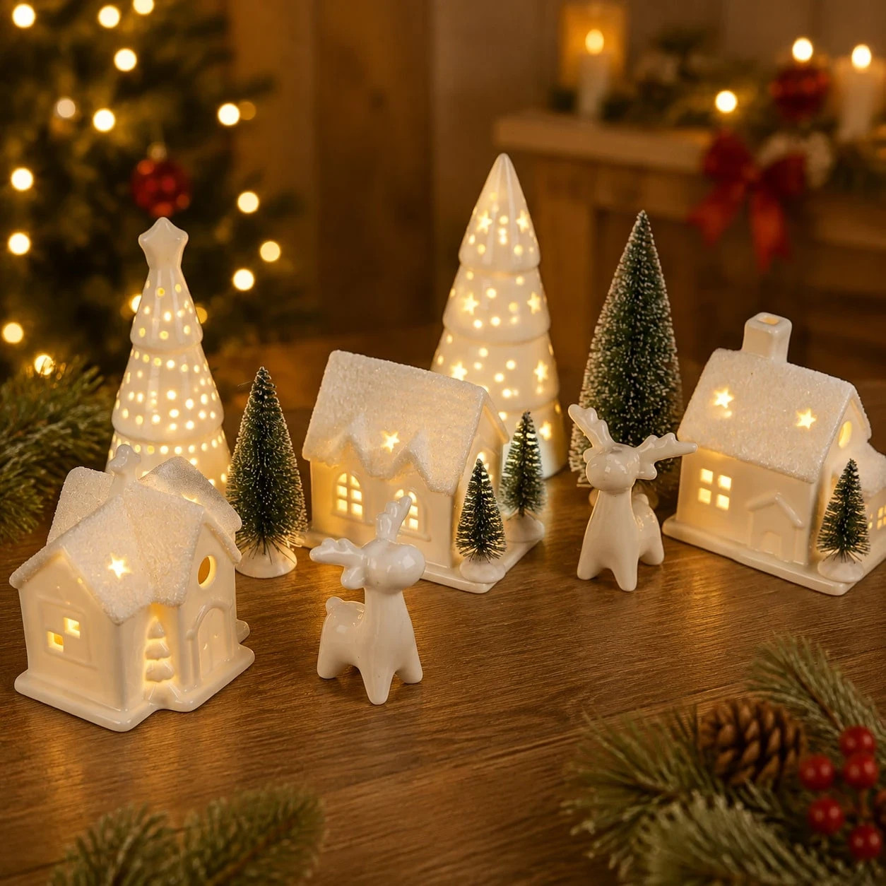 12 Pcs Christmas Village Set LED Lights Ceramic Houses Trees Reindeer Decor