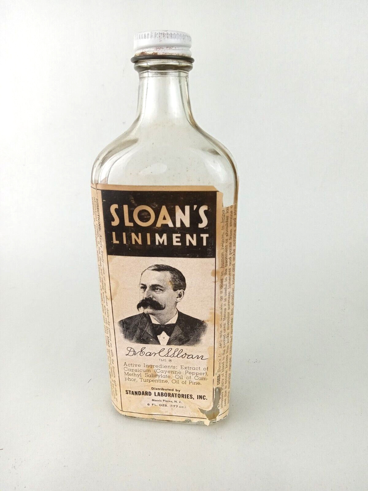 Vintage SLOAN'S LINIMENT Empty Medicine Bottle Paper Label Metal Cap 1930's