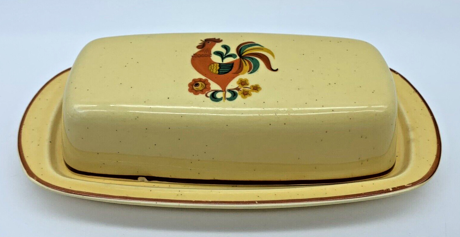 Vtg MCM Taylor Smith Taylor Reveille Rooster Butter Dish w/lid Chicken Farm RARE