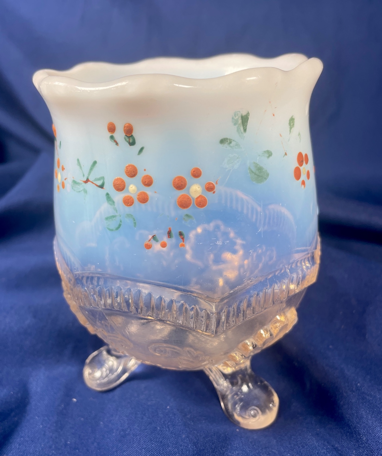 Vintage Blue Opalescent Spooner Sugar Bowl Ruffled Edge Three Footed Base Vintage Blue Opalescent Spooner Sugar Bowl Ruffled Edge Three Footed Base