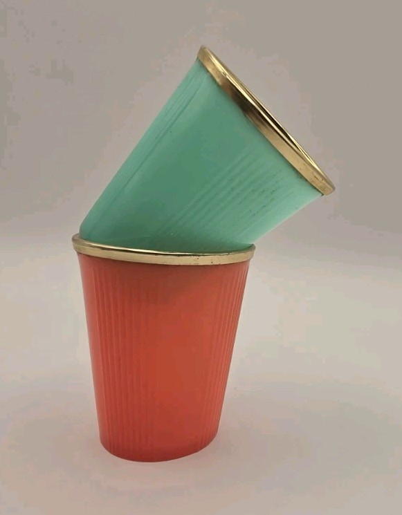 VTG Celluloid Shot Glasses Turquoise Peach 728 KK MCM HONG KONG Retro Cup Gold