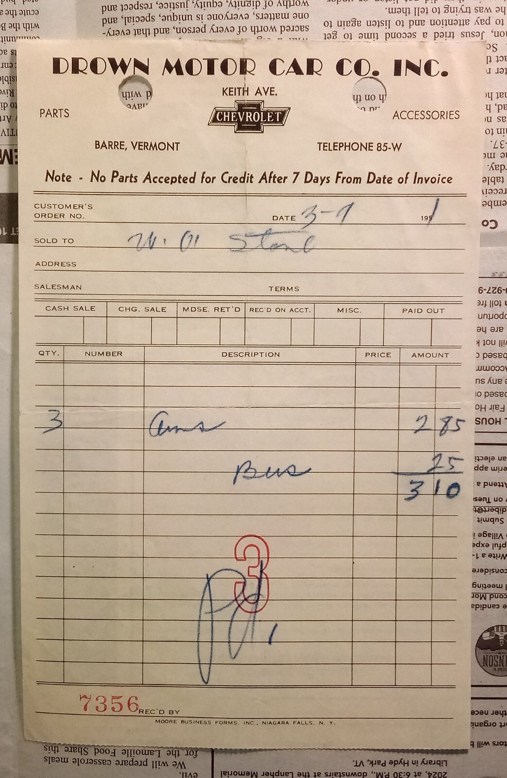 1951 Drown Motor Car Co Barre Vermont Receipt