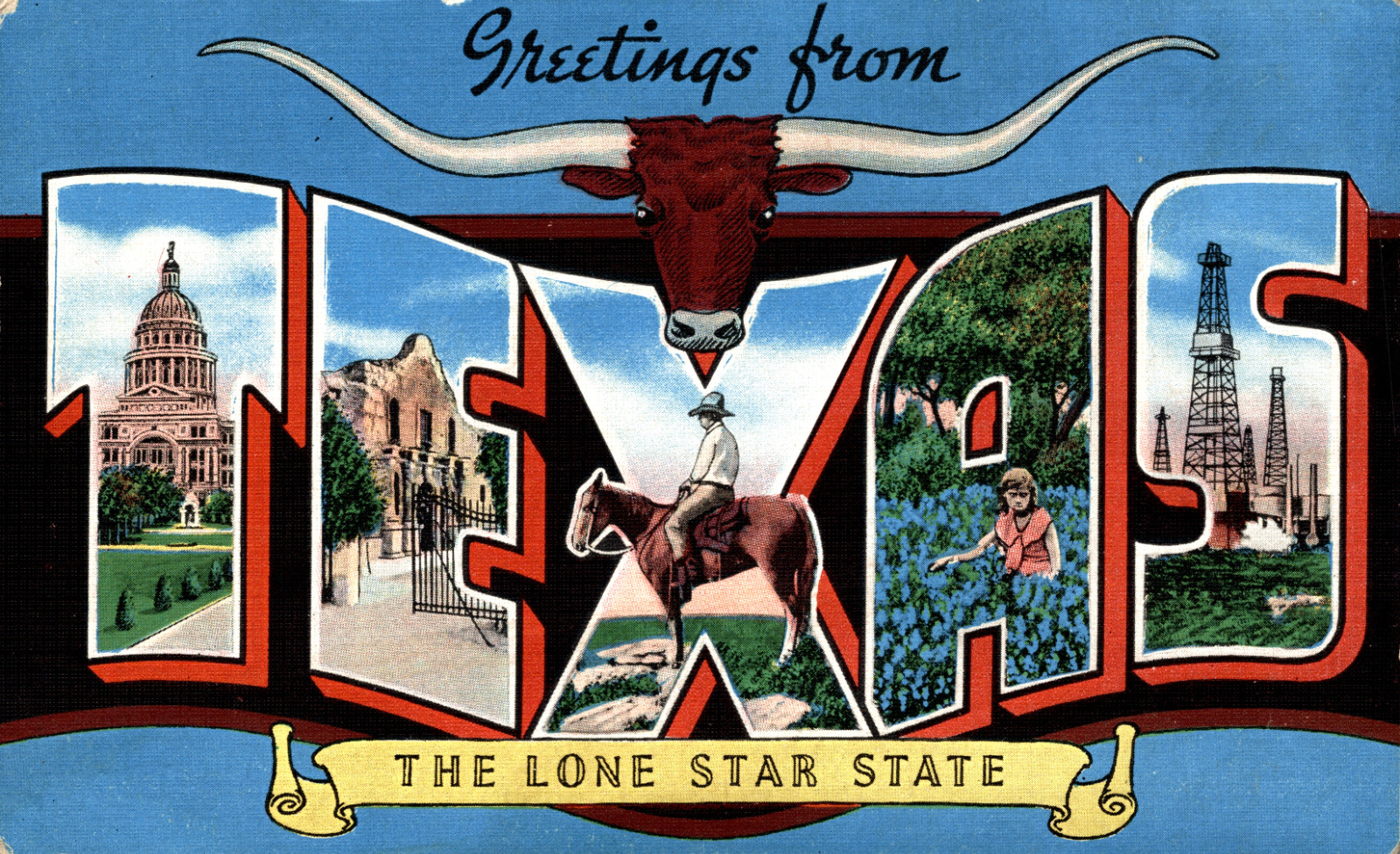 c. 1940s Greetings from Texas Large-Letter Linen PC Dallas Post Card Co., Unused