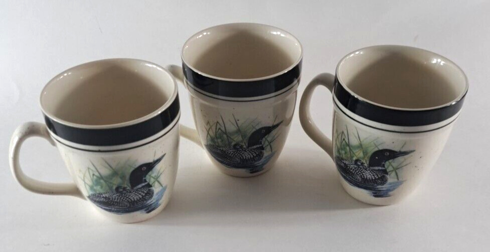 Folkcraft Loon Lake Coffee Cup Mugs Set of 3 Stoneware Scotty Z Cabin Lake House