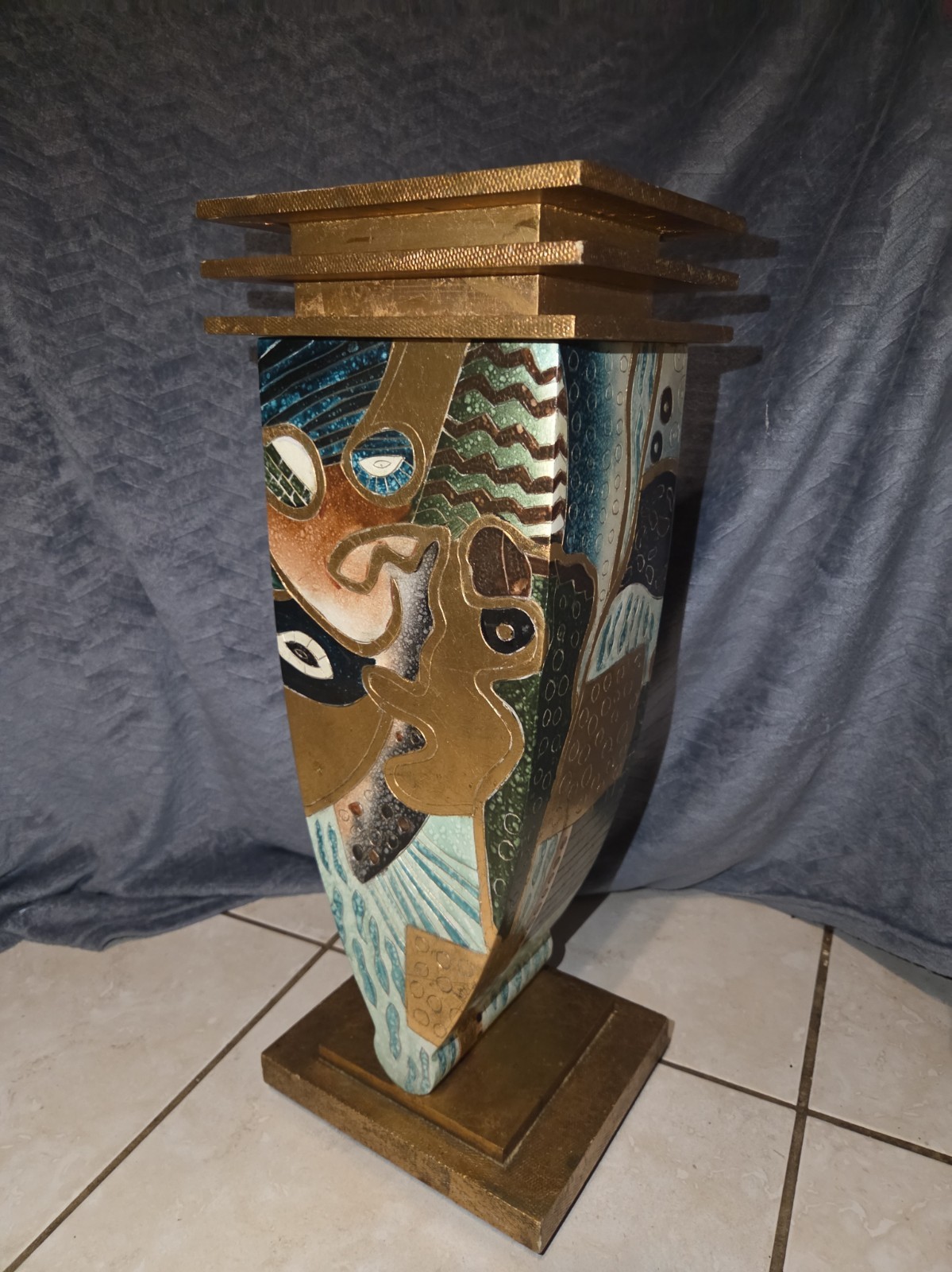 Vintage Postmodern Cubist Gilt Wood Pedestal Plant Stand Abstract Face 
