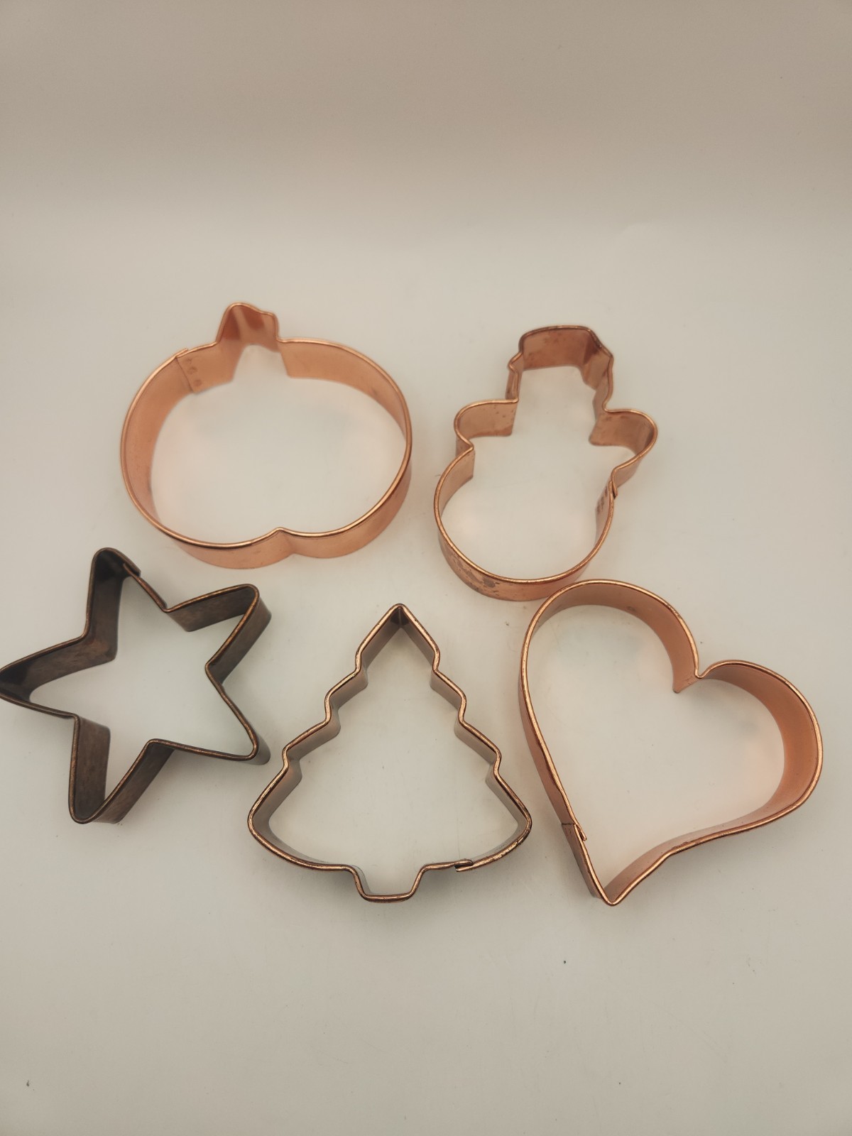 Vintage Solid Copper Cookie Cutter Lot of 5 Tree Star Snowman Heart Pumpkin 4