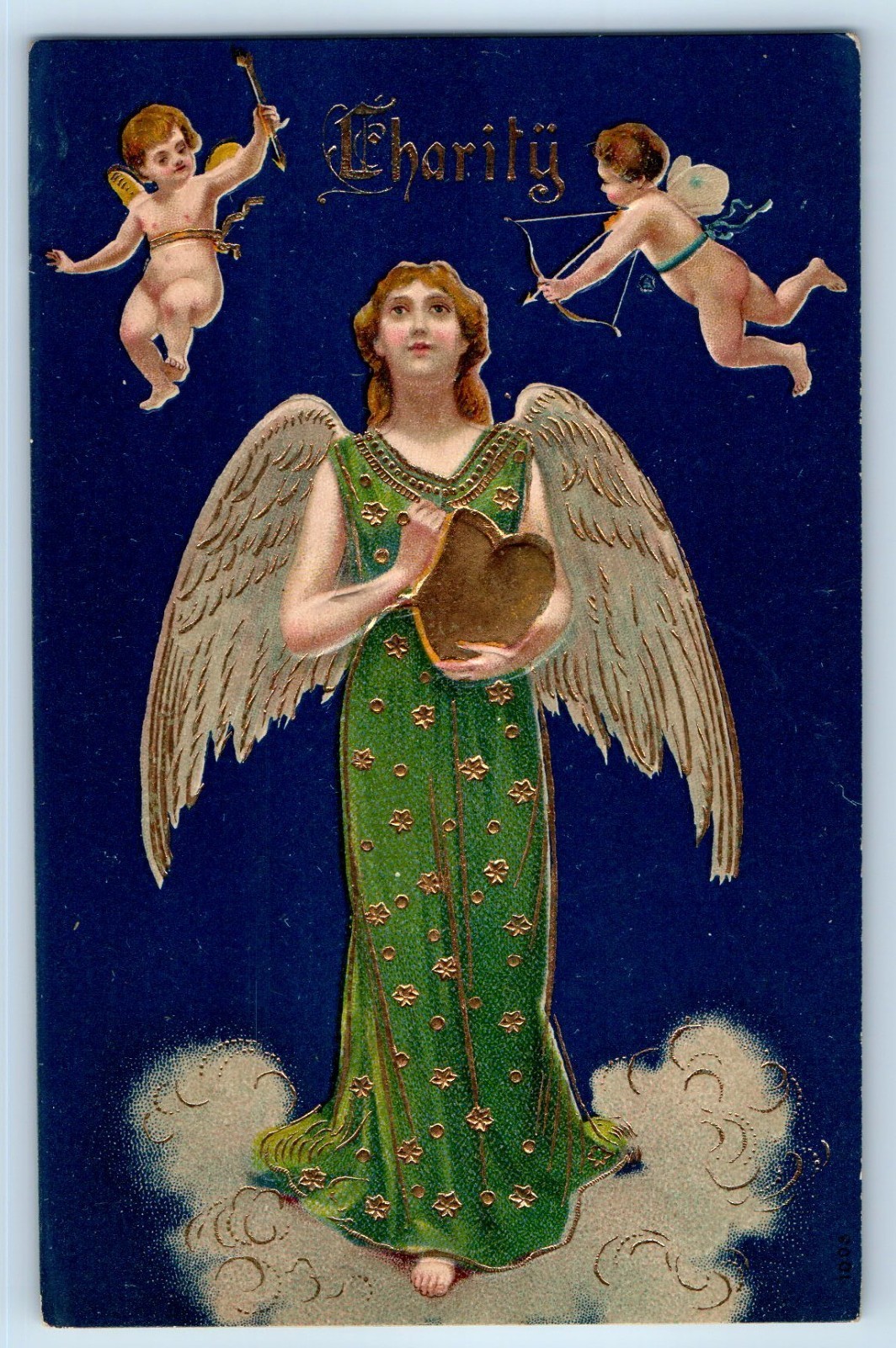c1910\'s Charity Angel With Heart Cupids Embossed Antique Unposted Postcard