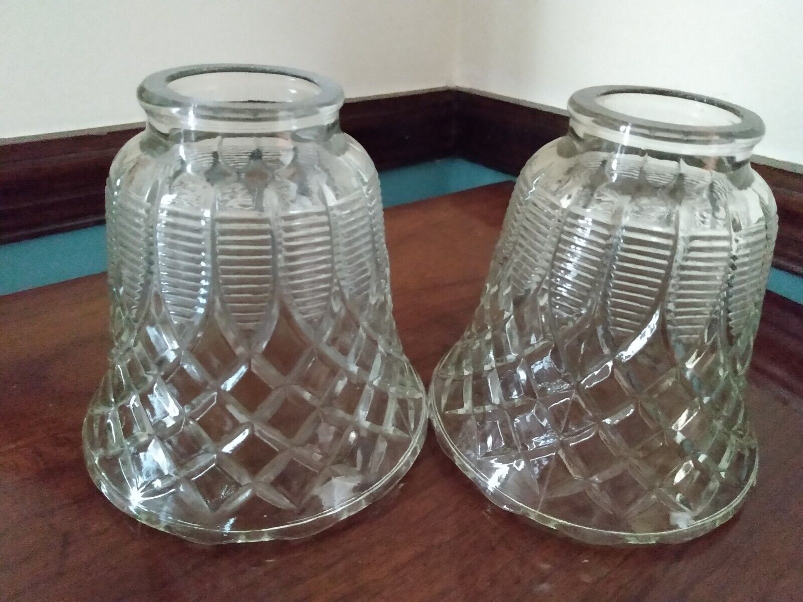 Pair Set 2 Vintage Diamond Etch Glass Hurricane Fitter Lamp Shades Lampshades  