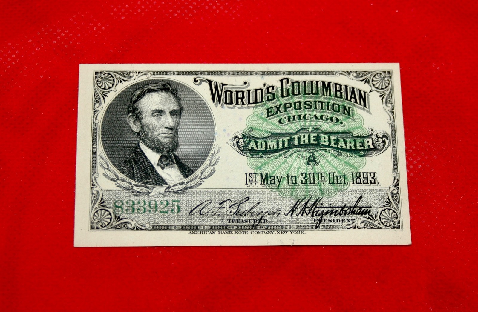 1893 Columbian Exposition Ticket With Image Of Abraham Lincoln - 