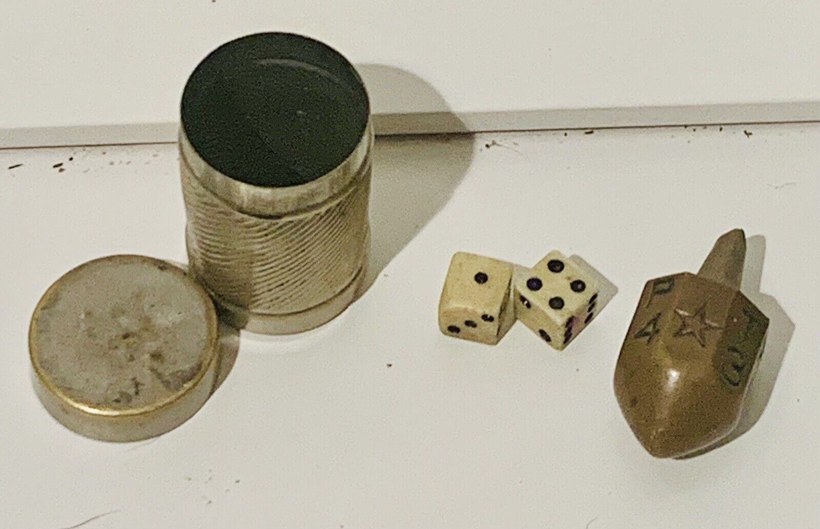 Antique WW1 Pocket Put/Take Game, Spinning Top, Two Tiny Dice, Tiny Canister