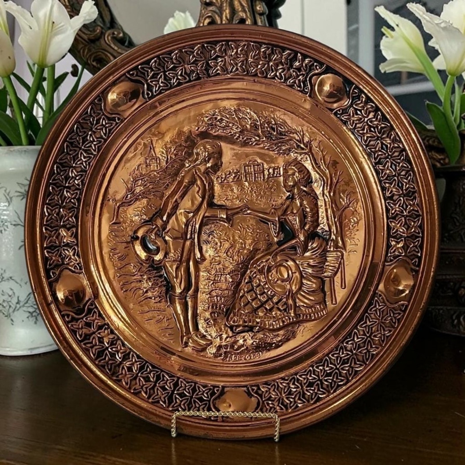 Vtg Solid Copper Embossed Wall Plate Made In England 14”D Pearson Page Marked EC