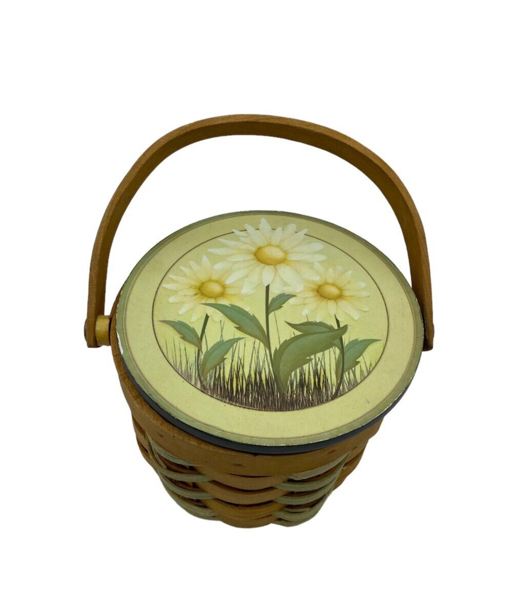 Sunflower Basket  Handle Hinged Lid Woven Round Yellow Trinket Holder 3.75”x4.5”