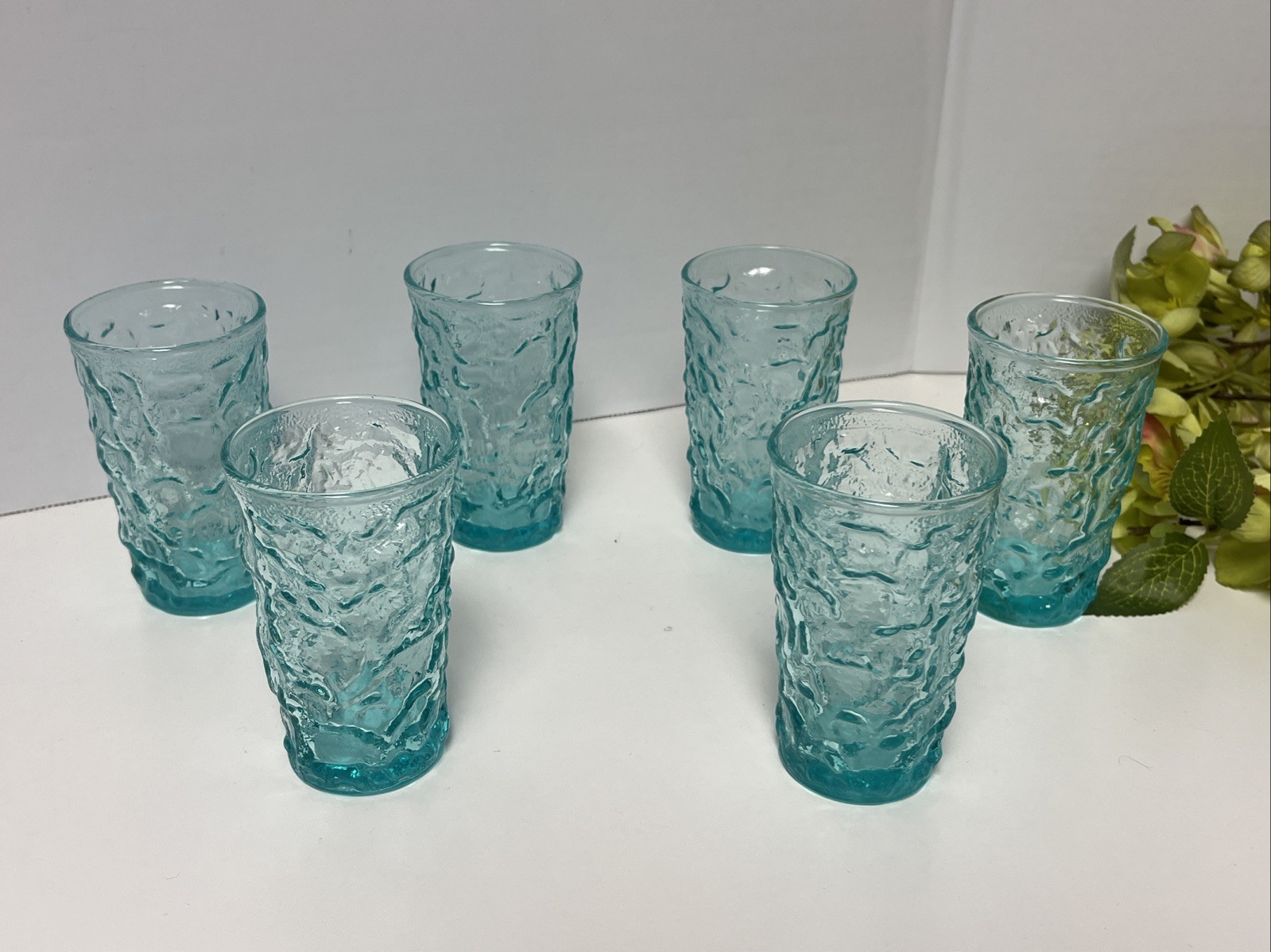 Vintage Set of 6 Aquamarine Anchor Hocking Lido Milano Juice Glasses. EUC. MCM