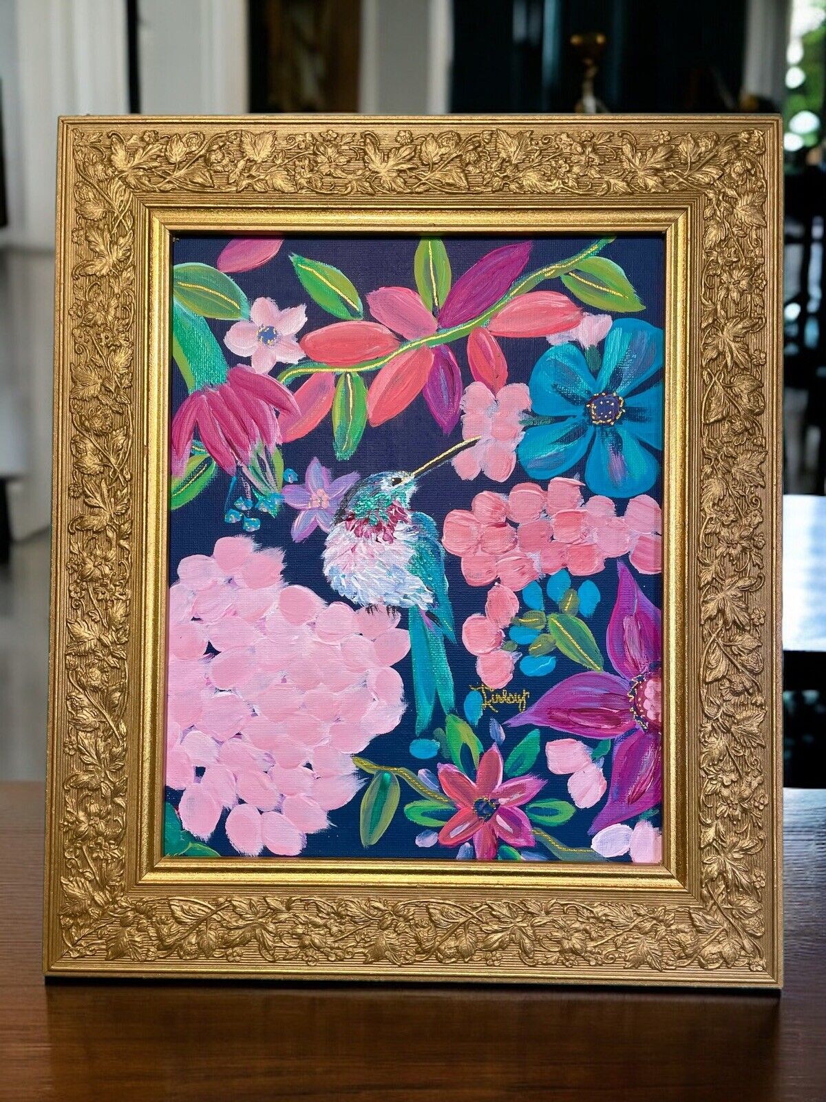 ORG Painting, Lilly Pulitzer Inspired Art, Vtg Frame, Hummingbird ORIGINAL Art