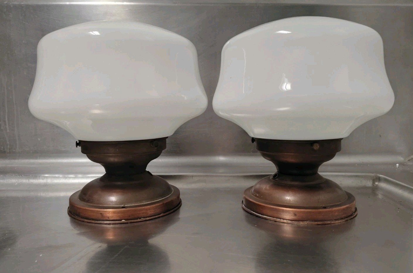 Vintage Pair Milk Glass Schoolhouse Flush Mount Ceiling Lights Sconces Art Deco Vintage Pair Milk Glass Schoolhouse Flush Mount Ceiling Lights Sconces Art Deco