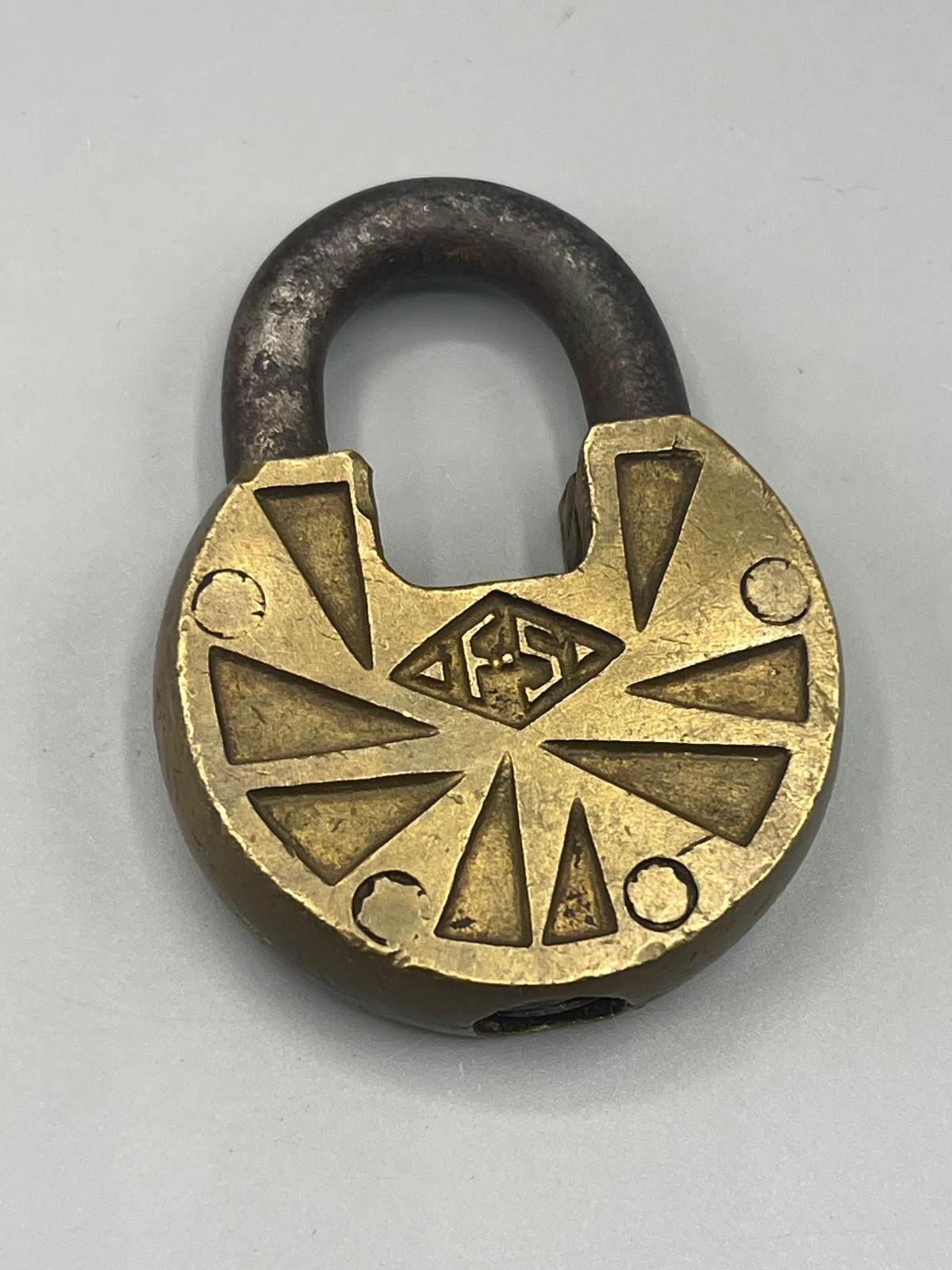 Antique 1920s F-S Fraim Slaymaker Brass Pancake Padlock Art Deco Sunburst NO KEY