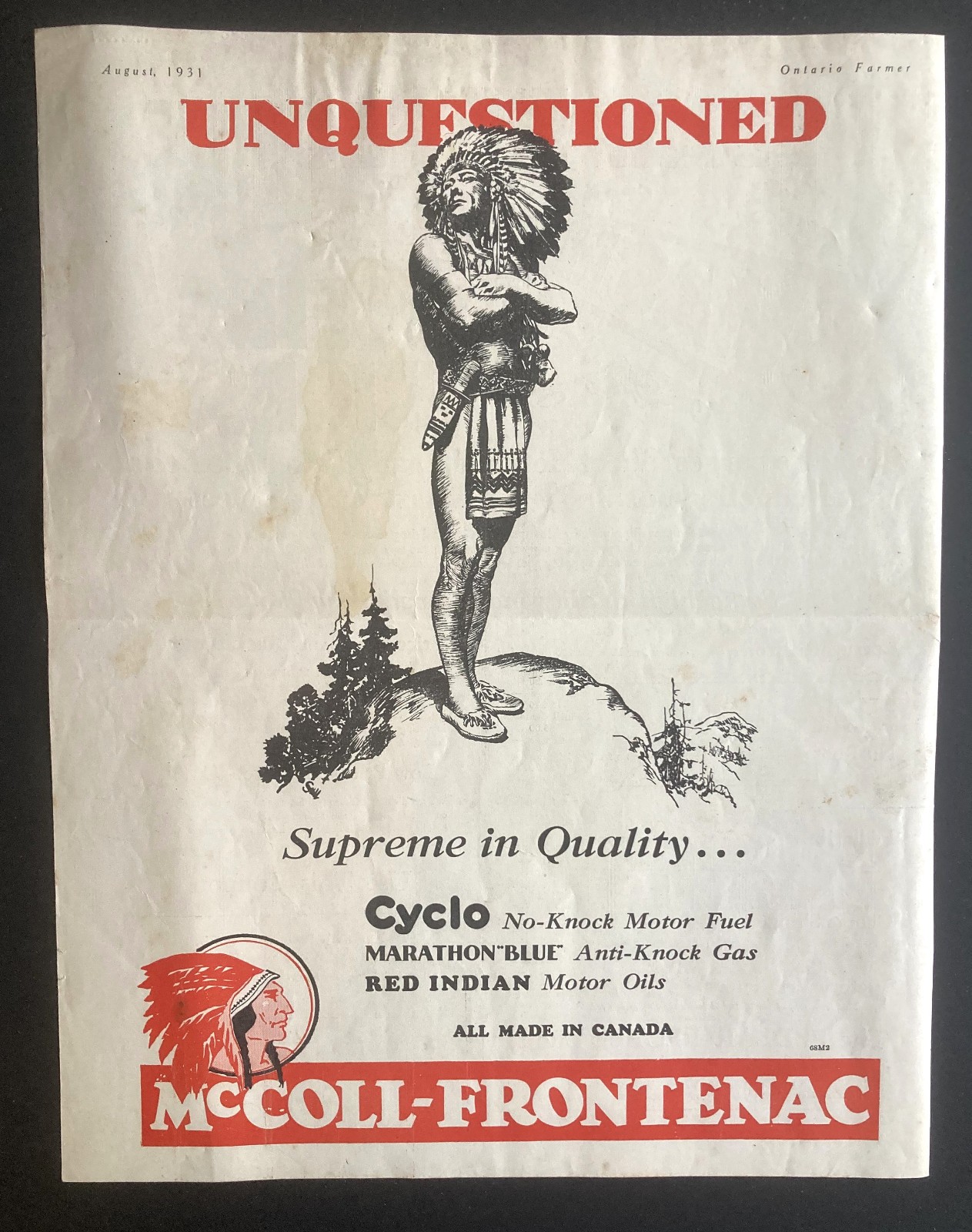 1931 ORIGINAL CANADIAN MCCOLL FRONTENAC RED INDIAN GASOLINE AD OIL CAN GAS
