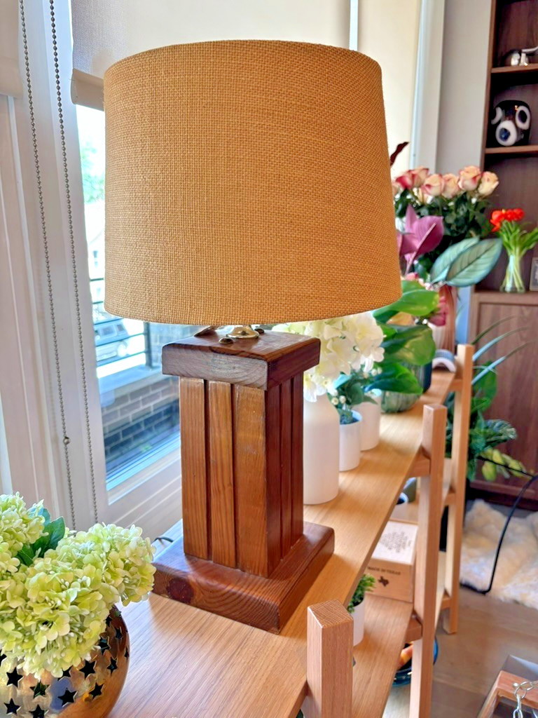Vintage MCM Mid Century Modern Solid Teak Cube Block Table Lamp Burlap Shade