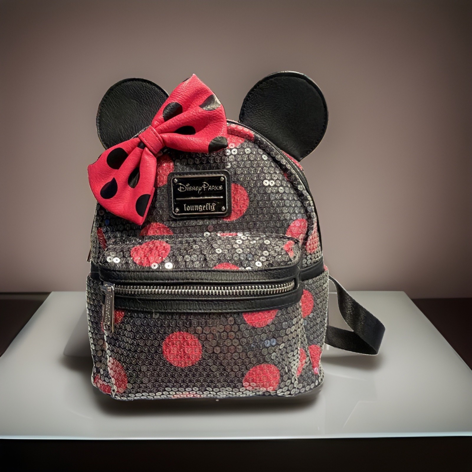 Loungefly Disney Parks Minnie Mouse Sequin Polka Dot Mini Backpack Black Pink