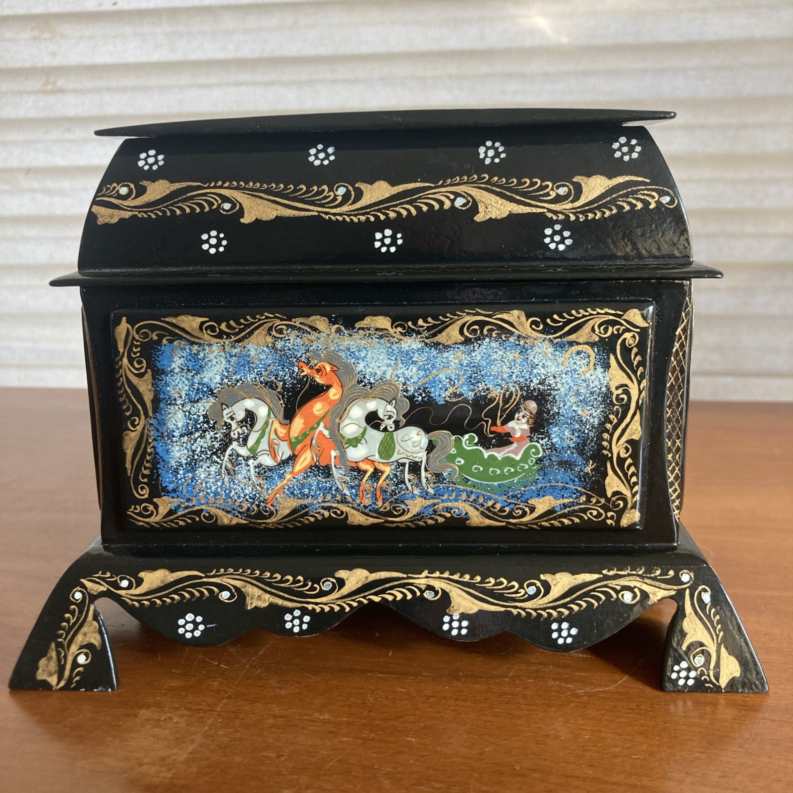 Vintage Russian Palekh Lacquer Box Double Deck 2-Tier Troika Artist Signed