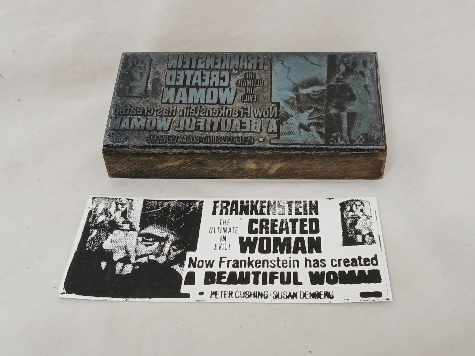 Vintage 1967 FRANKENSTEIN CREATED WOMAN Letterpress Newspaper Promo Stamp Block