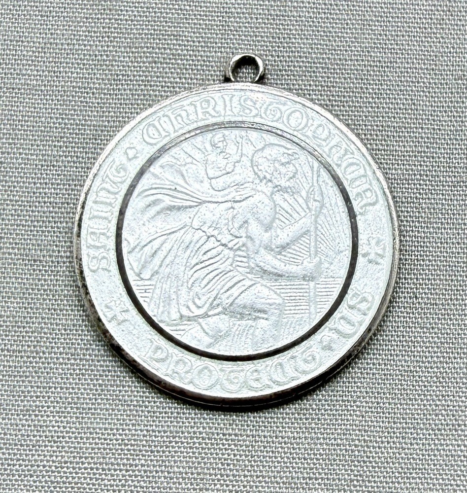 Vintage Sterling Silver Enamel St Christopher Medal Pendant White 1\